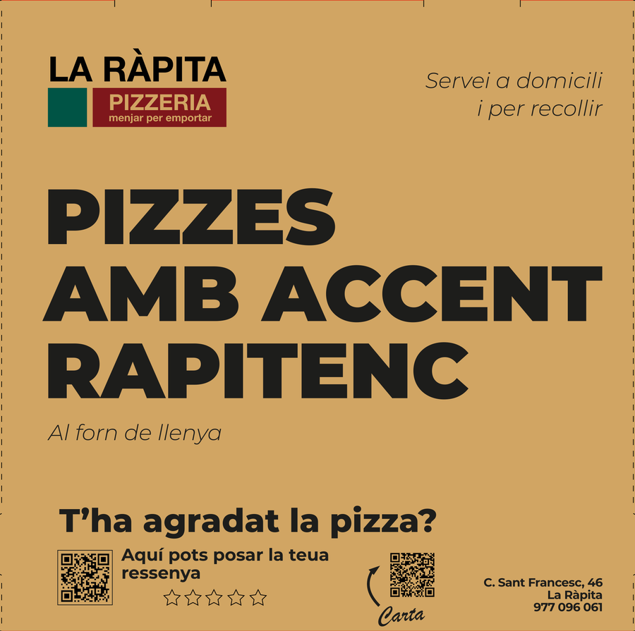 Couvercle de la boîte à pizza La Ràpita : « Pizzes amb accent rapitenc », au four à bois, avec des QR pour la carte et les avis